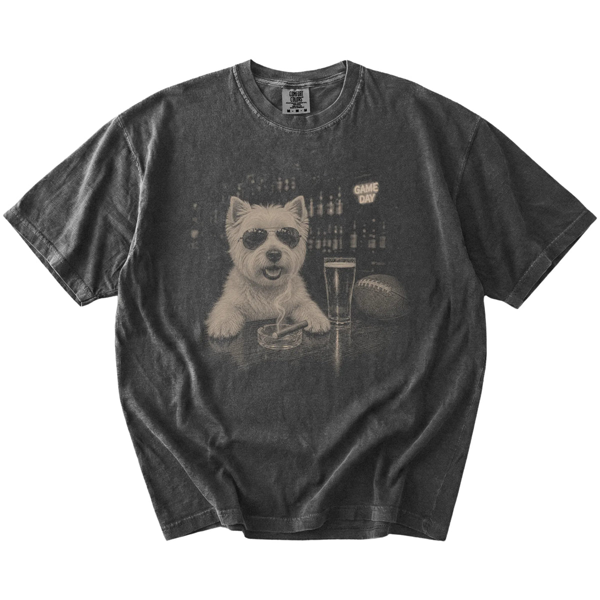 Westie with beer and football graphics on a Pepper Comfort Colors® T-shirt