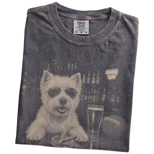 Folded Pepper Comfort Colors® T-shirt showing Westie with beer and football graphics