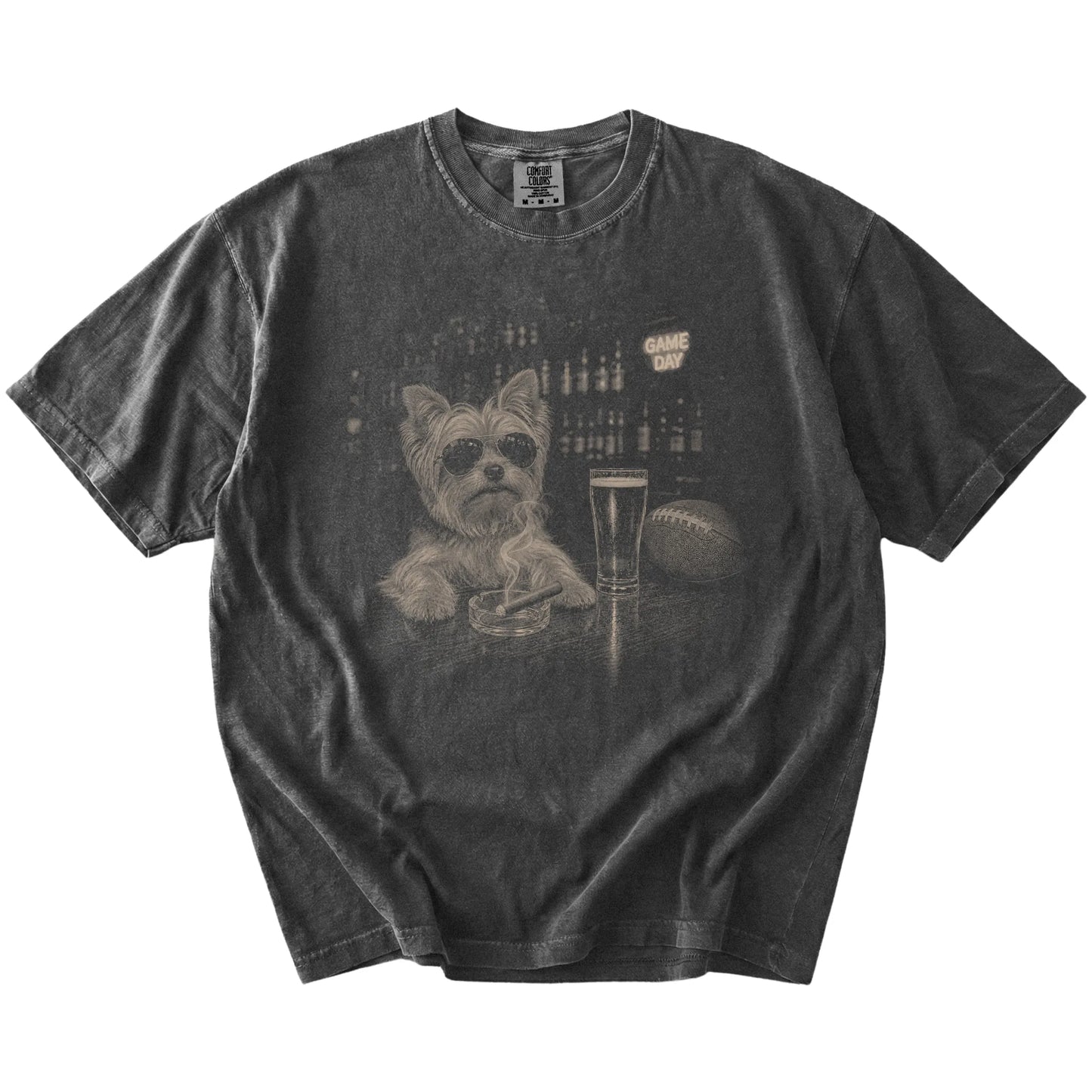 Yorkie with beer and football graphics on a Pepper Comfort Colors® T-shirt