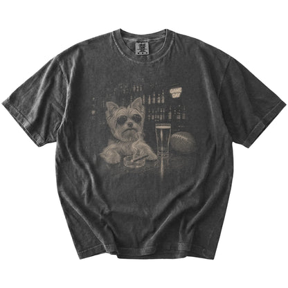Yorkie with beer and football graphics on a Pepper Comfort Colors® T-shirt