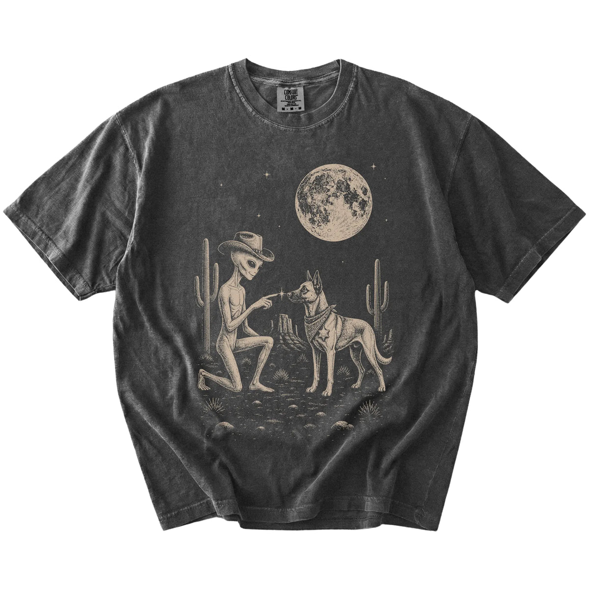 Cowboy alien fist-bumping a Belgian Malinois beneath the moon on a Pepper Comfort Colors® T-shirt