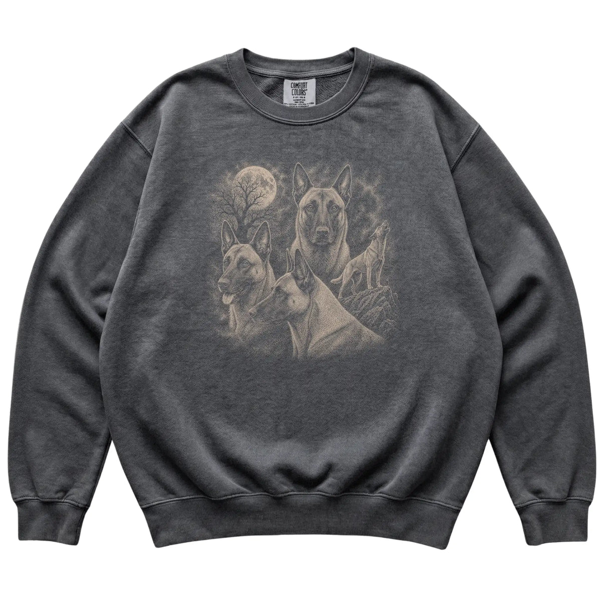 Belgian Malinois 90s Moon Sweatshirt in Pepper — flat lay
