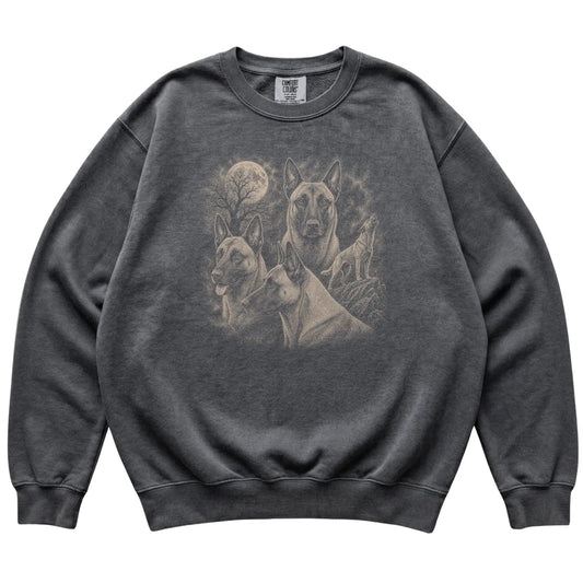 Belgian Malinois 90s Moon Sweatshirt in Pepper — flat lay