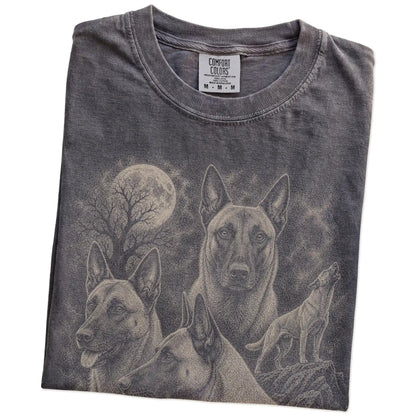 Folded Pepper Comfort Colors® T-shirt showing a vintage moon montage featuring Belgian Malinois