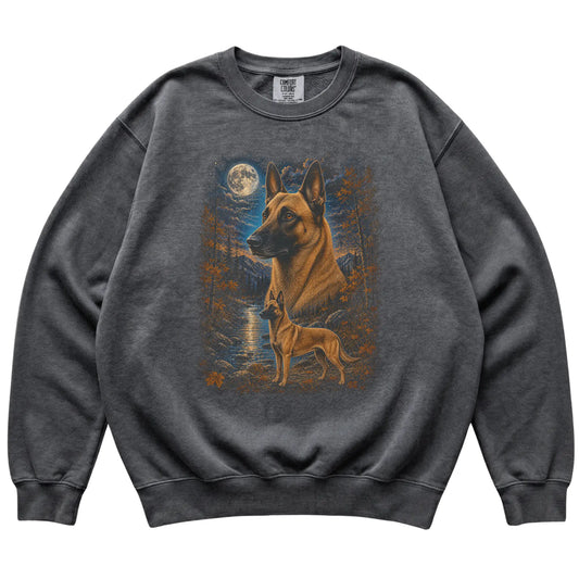 pepper sweatshirt with Belgian Malinois Autumn Moon artwork.