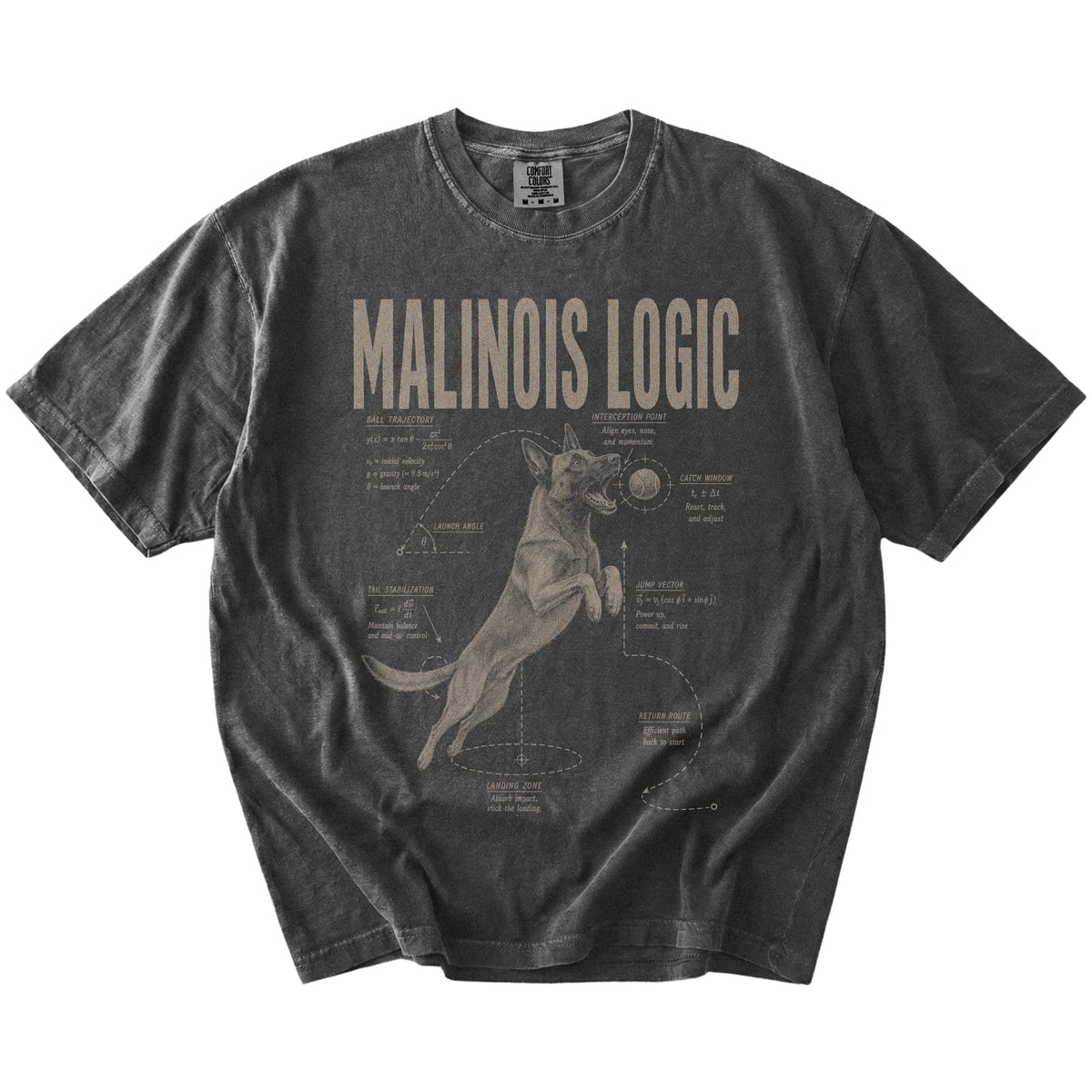 Pepper Belgian Malinois Ball Logic T-Shirt laid flat