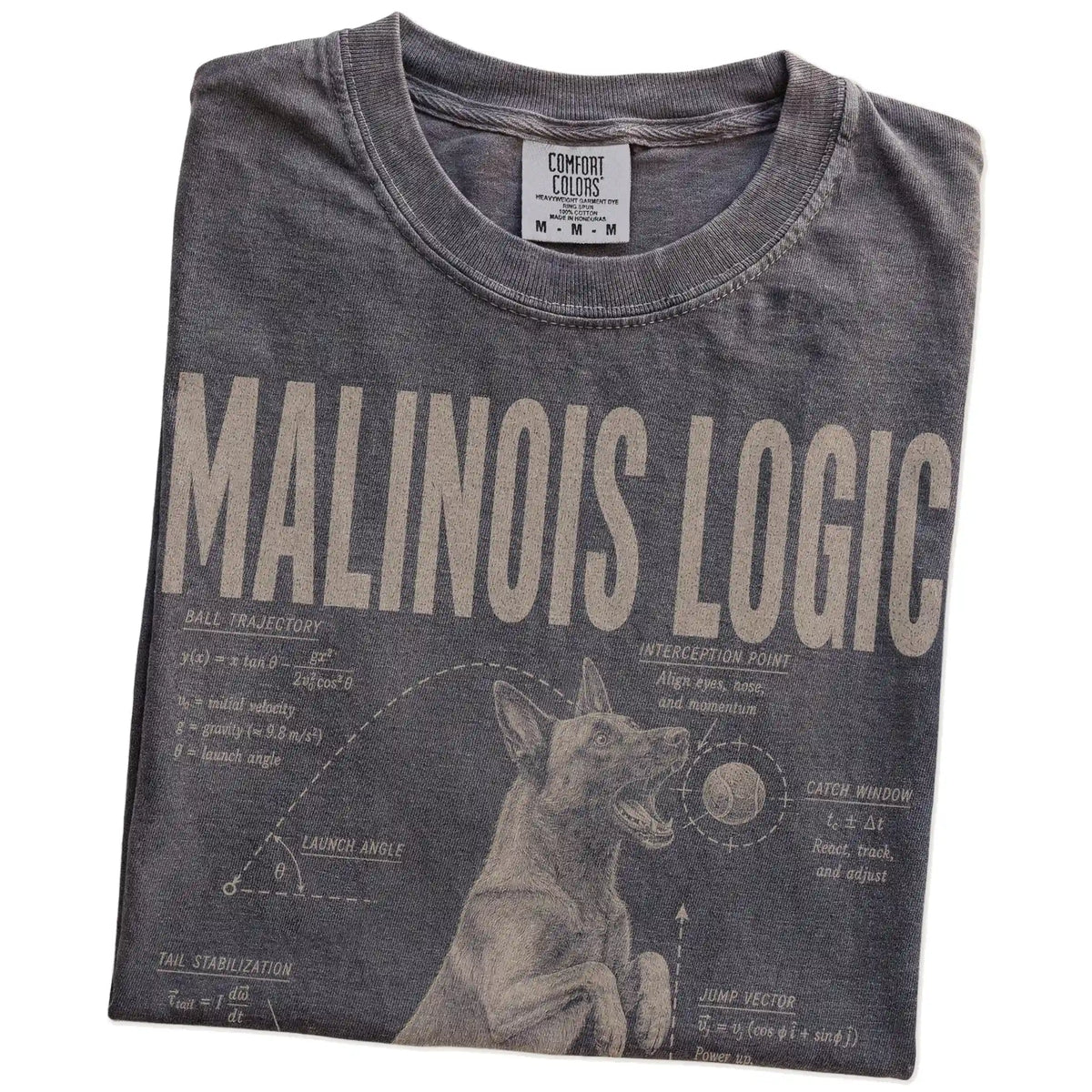 Folded Pepper Belgian Malinois Ball Logic T-Shirt showing the graphic