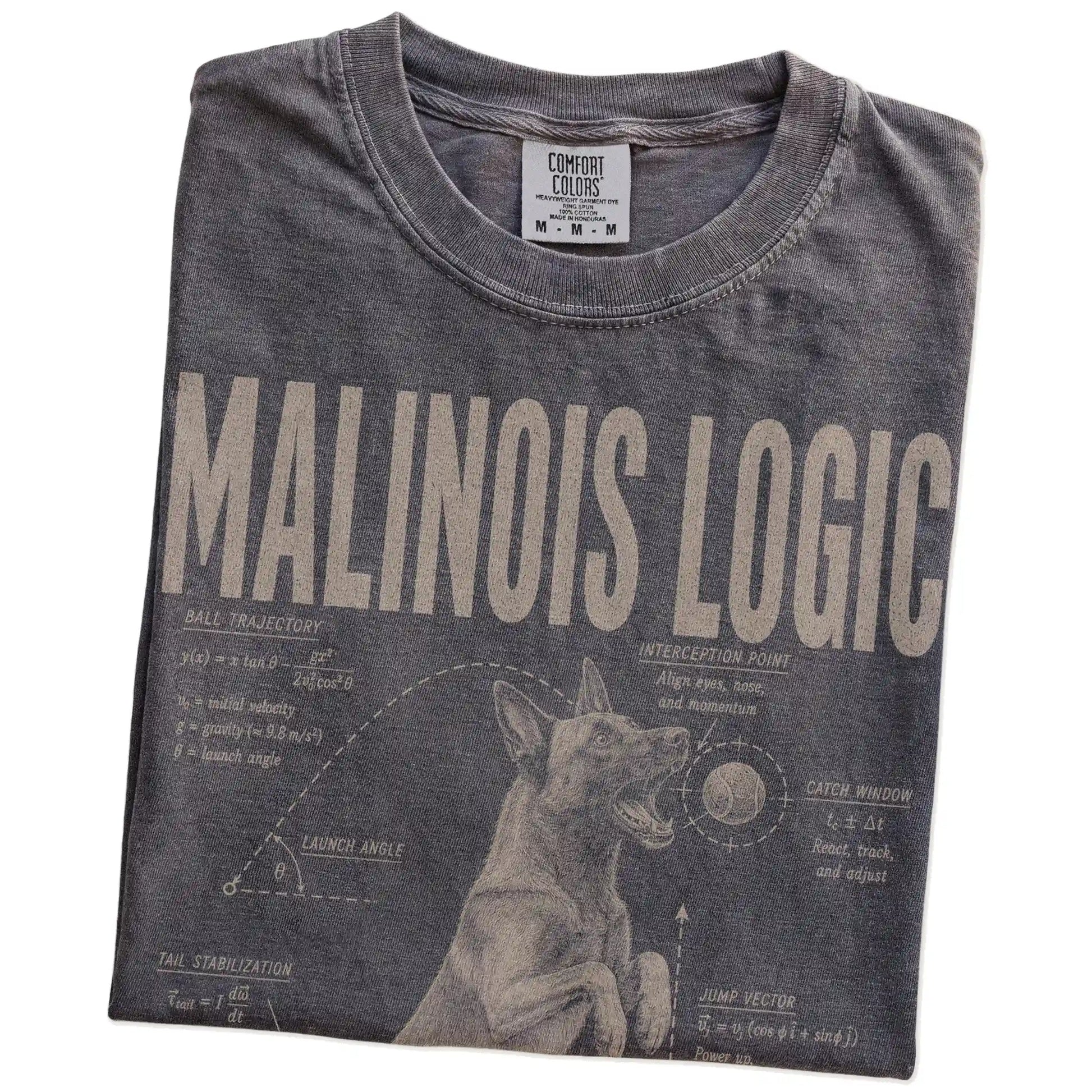 Folded Pepper Belgian Malinois Ball Logic T-Shirt showing the graphic