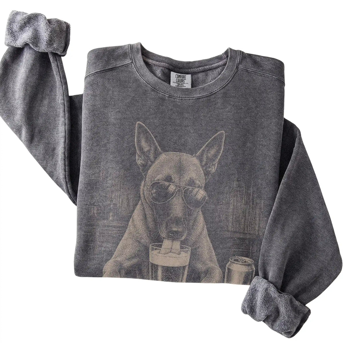 Pepper Belgian Malinois drinking from a pint at a bar, folded detail view