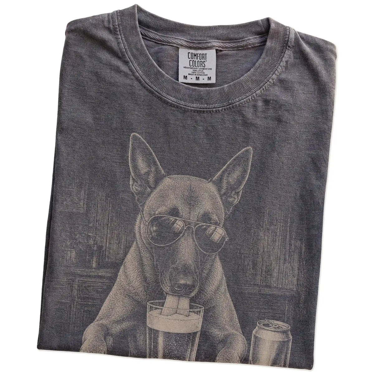 Folded Pepper Comfort Colors® t-shirt showing Belgian Malinois sneaking a drink from a pint