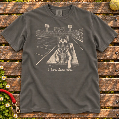 Belgian Malinois Iced Coffee Football design on a Pepper Comfort Colors T-shirt, shown flat