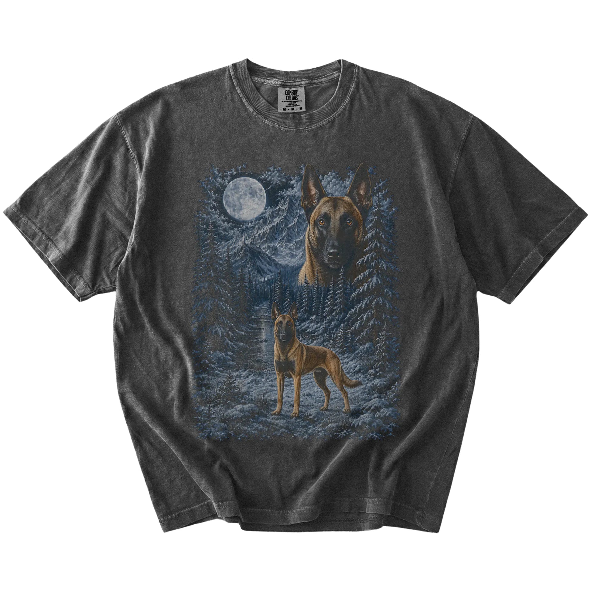 Belgian Malinois in a snowy winter forest on a Pepper t-shirt