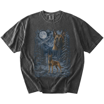 Belgian Malinois in a snowy winter forest on a Pepper t-shirt