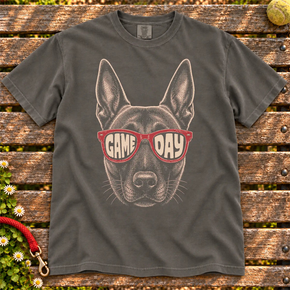 Belgian Malinois Game Day design on a Pepper Comfort Colors T-shirt, shown flat