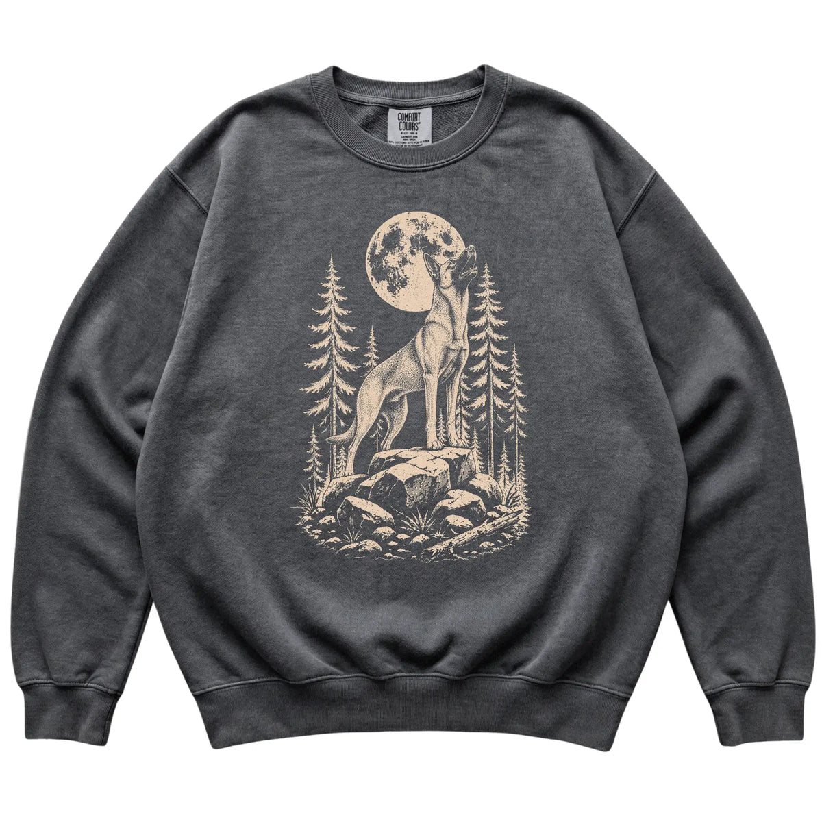 Close view of Belgian Malinois Howling at the Moon artwork on Pepper Comfort Colors sweatshirt