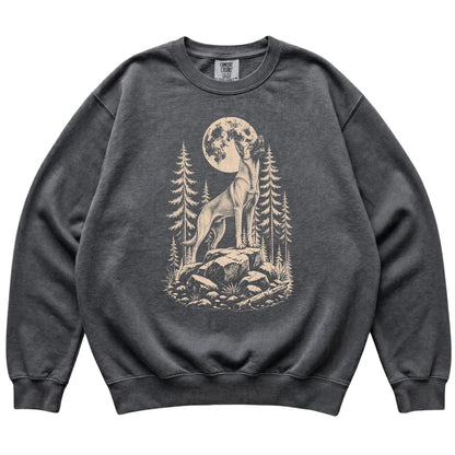 Close view of Belgian Malinois Howling at the Moon artwork on Pepper Comfort Colors sweatshirt