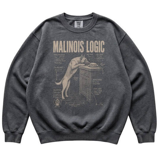 Pepper Belgian Malinois Logic sweatshirt laid flat