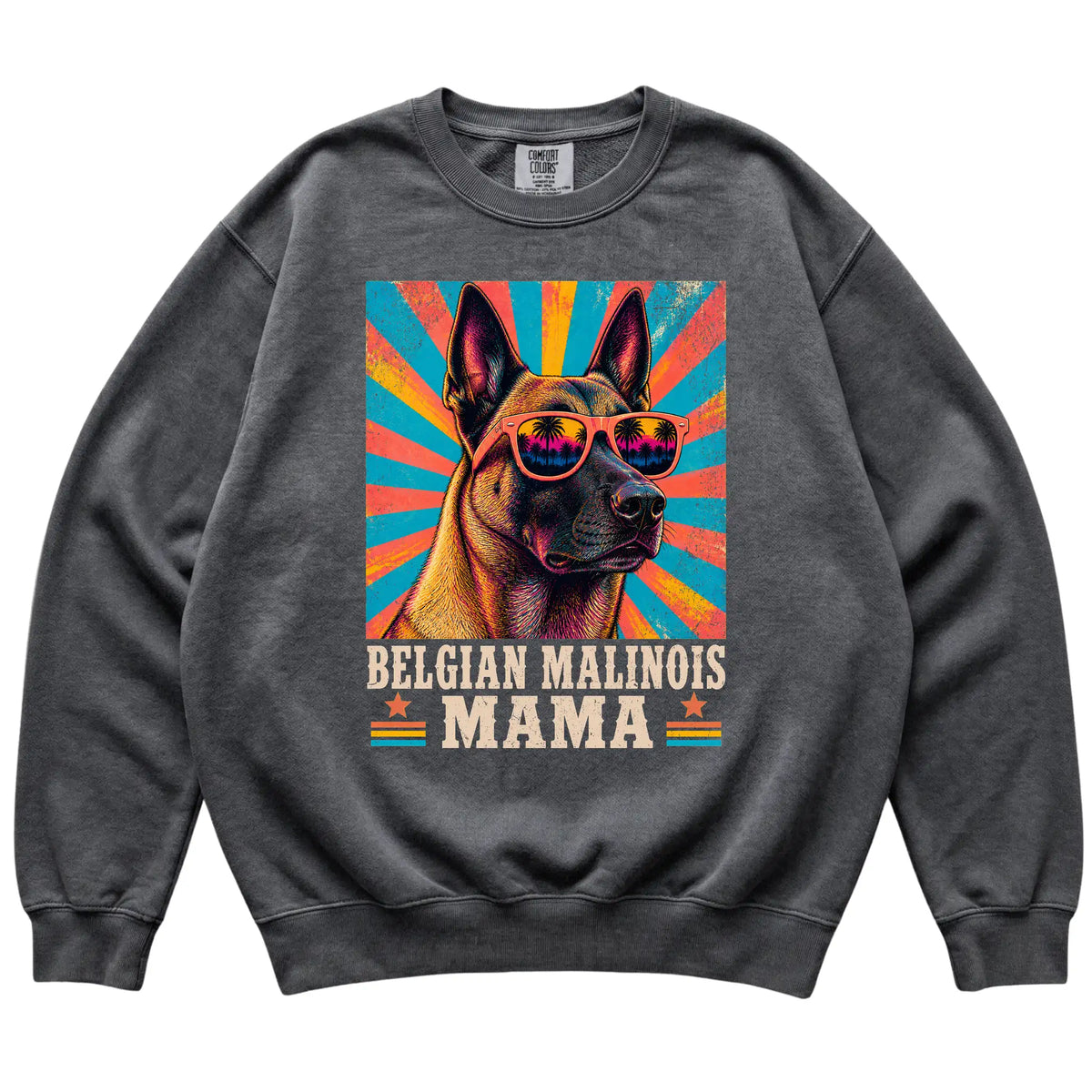 Retro Belgian Malinois Mama design on a Pepper Comfort Colors sweatshirt