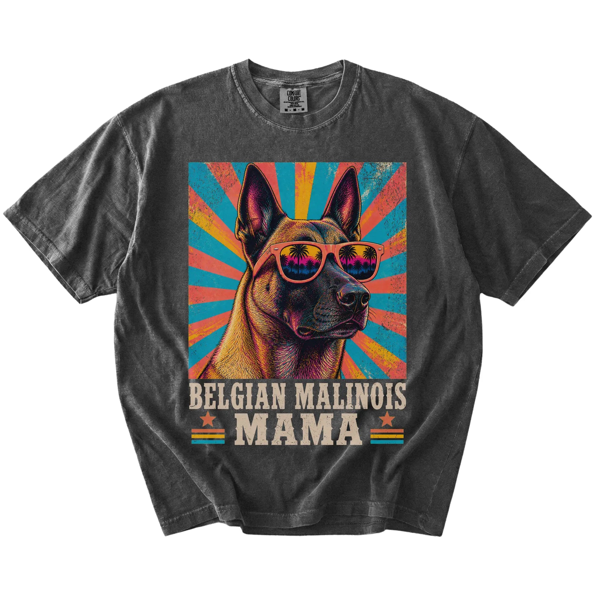Retro Belgian Malinois Mama design on a Pepper Comfort Colors T-shirt