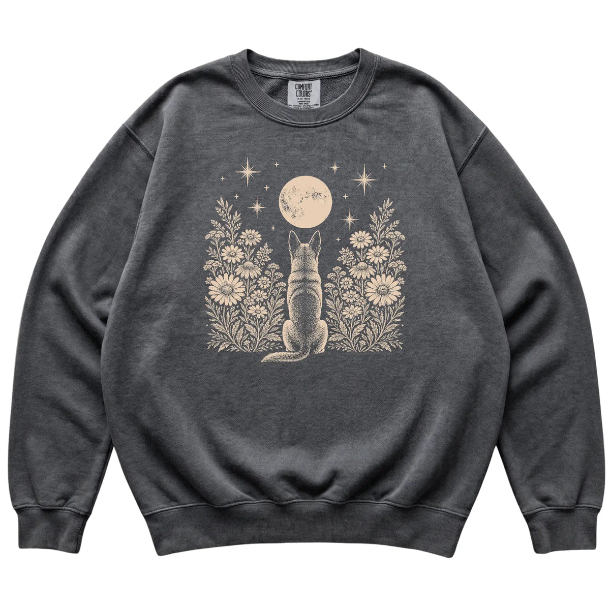 Belgian Malinois Wildflower Moon sweatshirt in Pepper, flat lay view