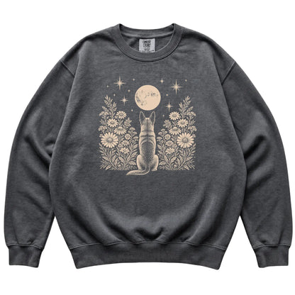 Belgian Malinois Wildflower Moon sweatshirt in Pepper, flat lay view