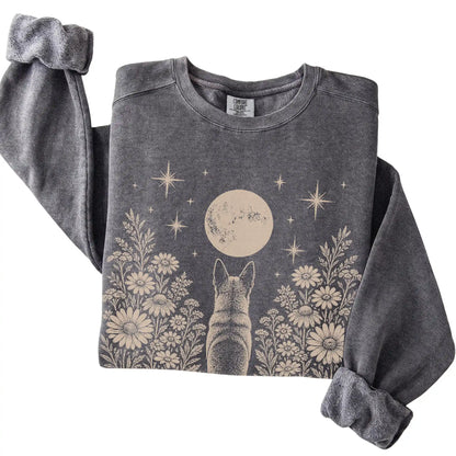 Belgian Malinois Wildflower Moon sweatshirt in Pepper, folded detail view