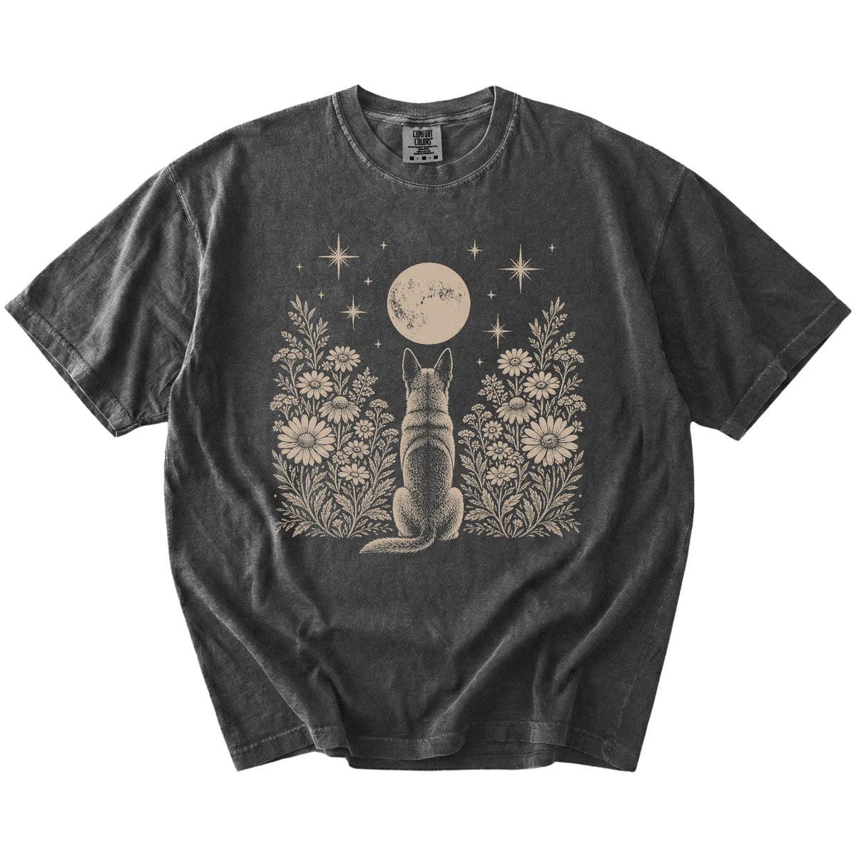 Belgian Malinois beneath a wildflower moon on a Pepper Comfort Colors® T-shirt
