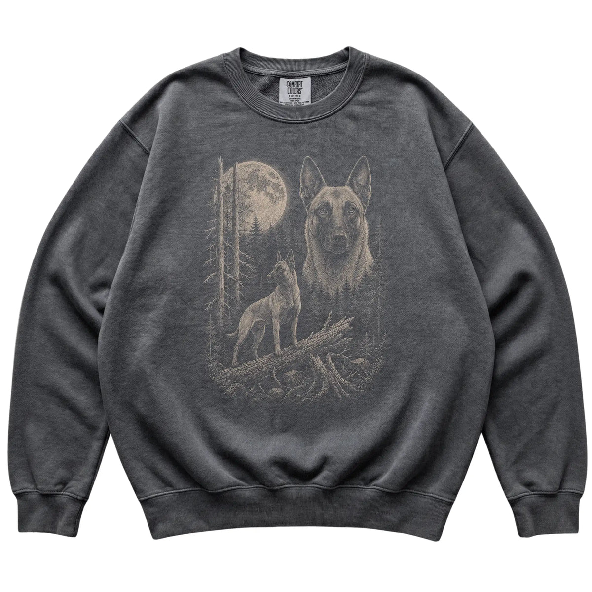 Pepper Belgian Malinois Moonlit Forest Comfort Colors sweatshirt, flat view