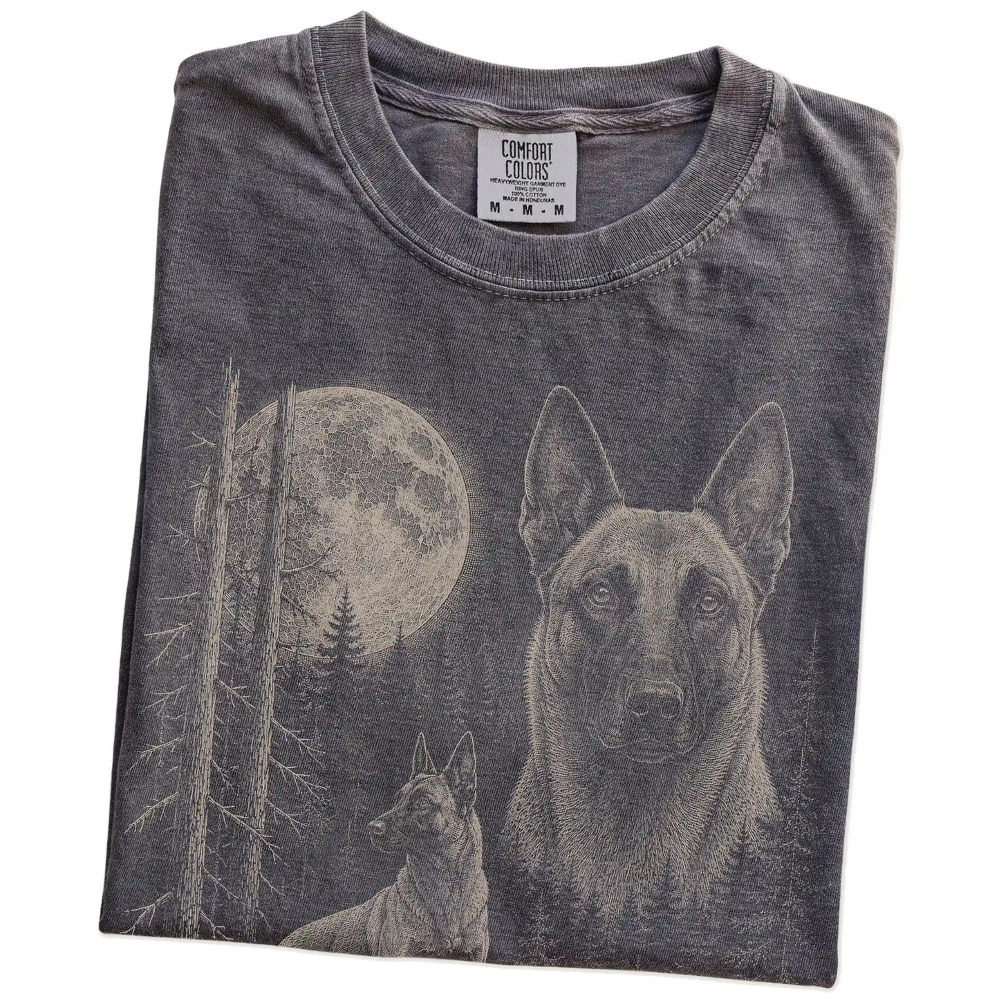 Folded Pepper Belgian Malinois Moonlit Forest T-Shirt showing the graphic