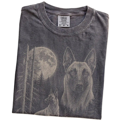 Folded Pepper Belgian Malinois Moonlit Forest T-Shirt showing the graphic