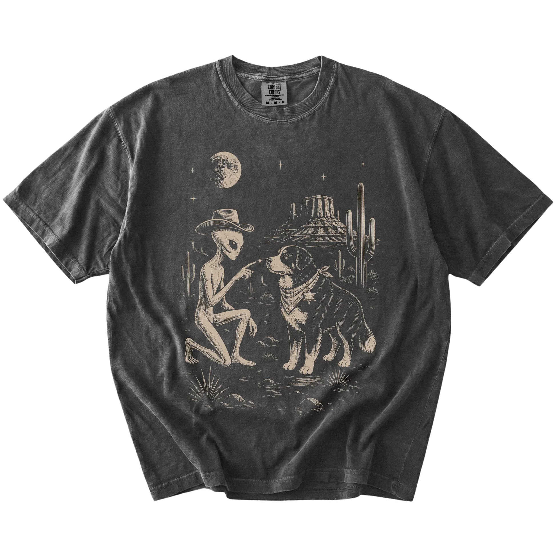 Cowboy alien fist-bumping a Bernese Mountain Dog beneath the moon on a Pepper Comfort Colors® T-shirt