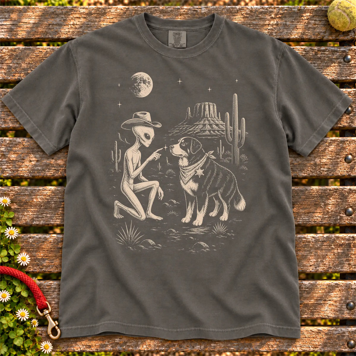 Bernese Mountain Dog Cowboy and Alien on a Pepper T-shirt, shown flat