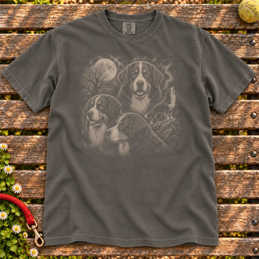 Bernese Mountain Dog 90s Moon design on a Pepper T-shirt shown flat