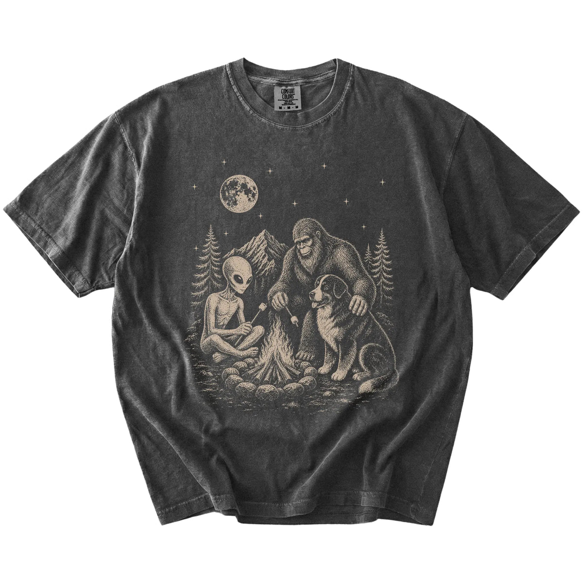 Bernese Mountain Dog camping with Bigfoot and an alien on a Pepper Comfort Colors® T-shirt
