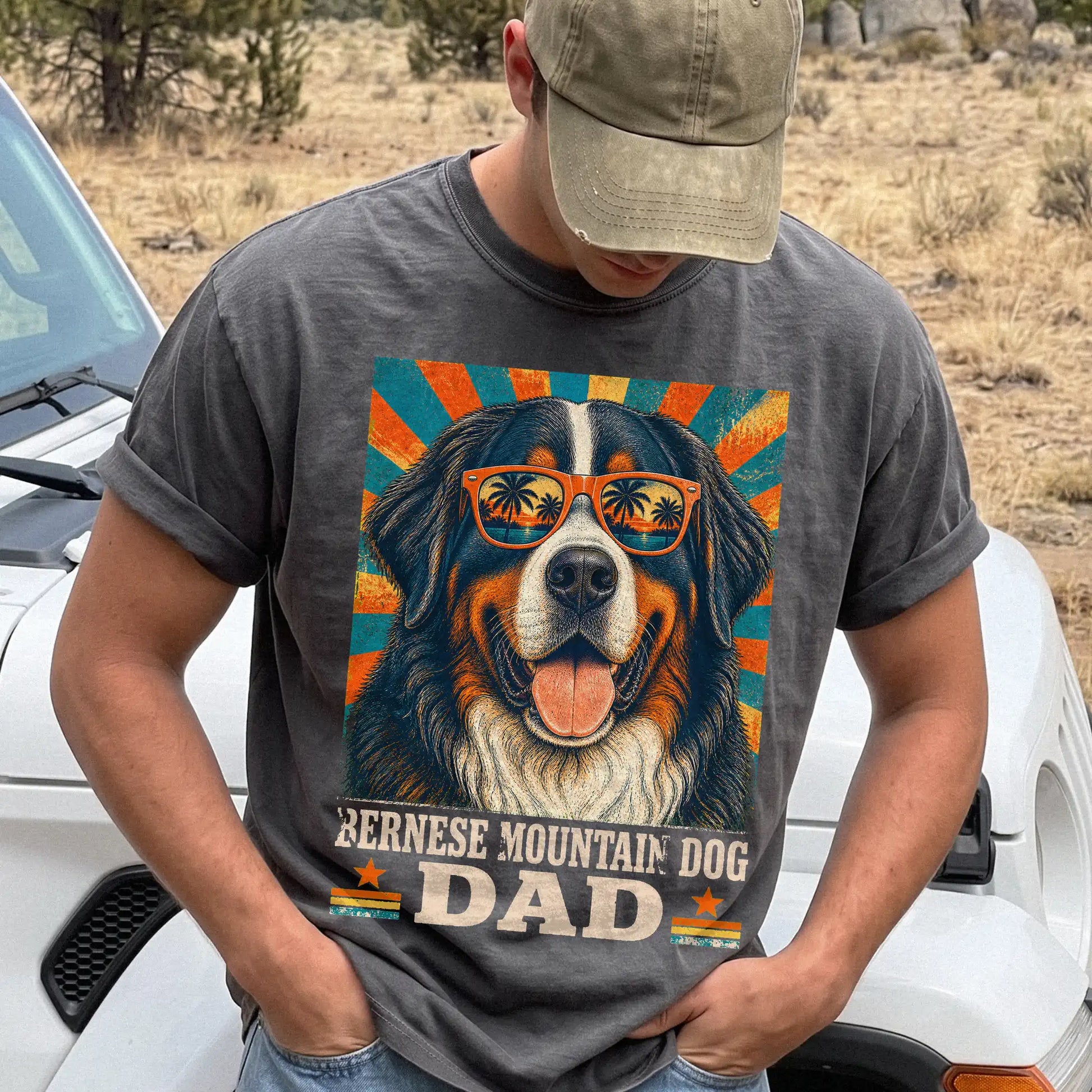 Retro Bernese Mountain Dog Dad design on a Pepper Comfort Colors T-shirt worn by a model