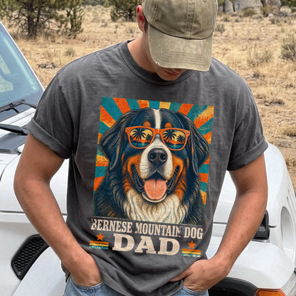 Retro Bernese Mountain Dog Dad design on a Pepper Comfort Colors T-shirt worn by a model
