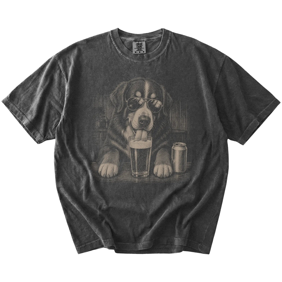 Bernese Mountain Dog sneaking a drink from a foamy pint at home on a Pepper Comfort Colors® t-shirt