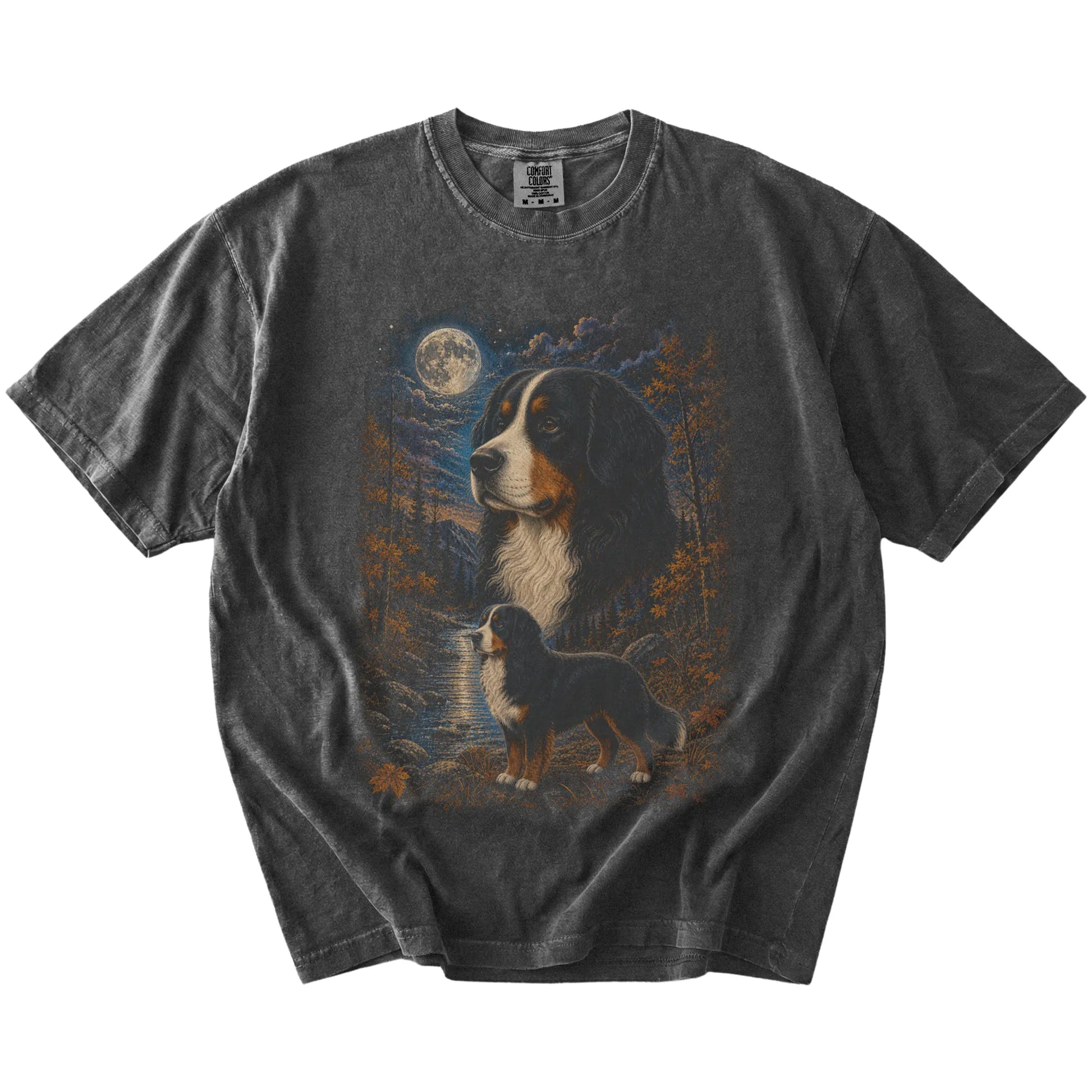 Bernese Mountain Dog in a moonlit fall forest scene on a Pepper Comfort Colors® t-shirt