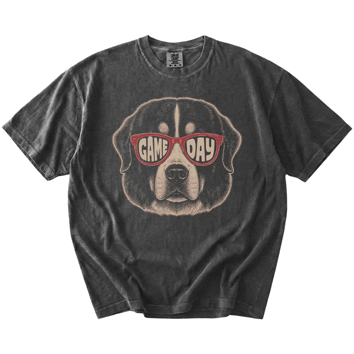 Bernese Mountain Dog wearing red Game Day sunglasses on a Pepper Comfort Colors® T-shirt