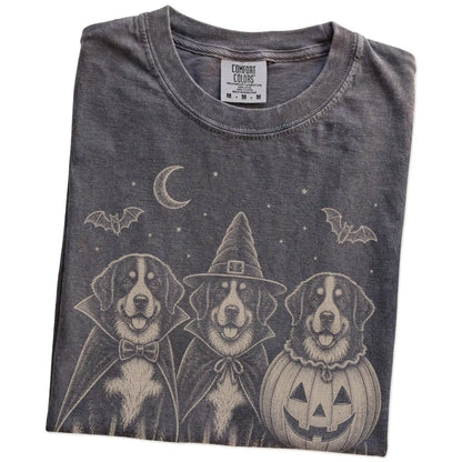 Folded Pepper Comfort Colors® T-shirt showing three Bernese Mountain Dog dogs dressed for Halloween beneath bats and a cresce