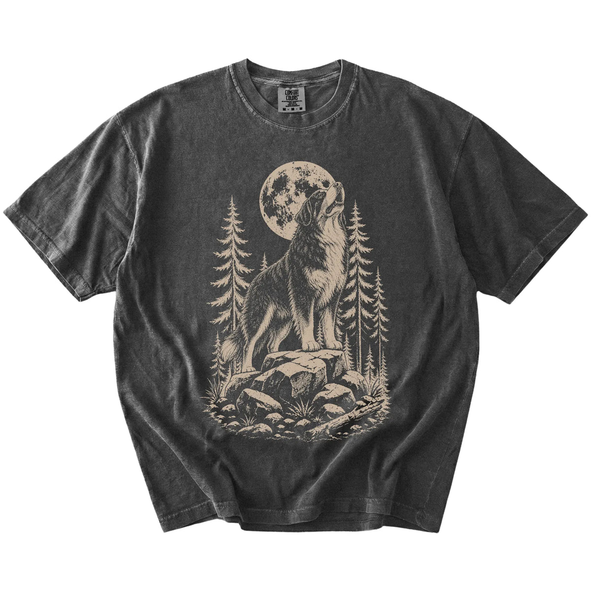 Bernese Mountain Dog howling beneath the moon and pine trees on a Pepper Comfort Colors® T-shirt