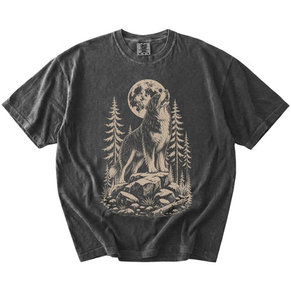 Bernese Mountain Dog howling beneath the moon and pine trees on a Pepper Comfort Colors® T-shirt