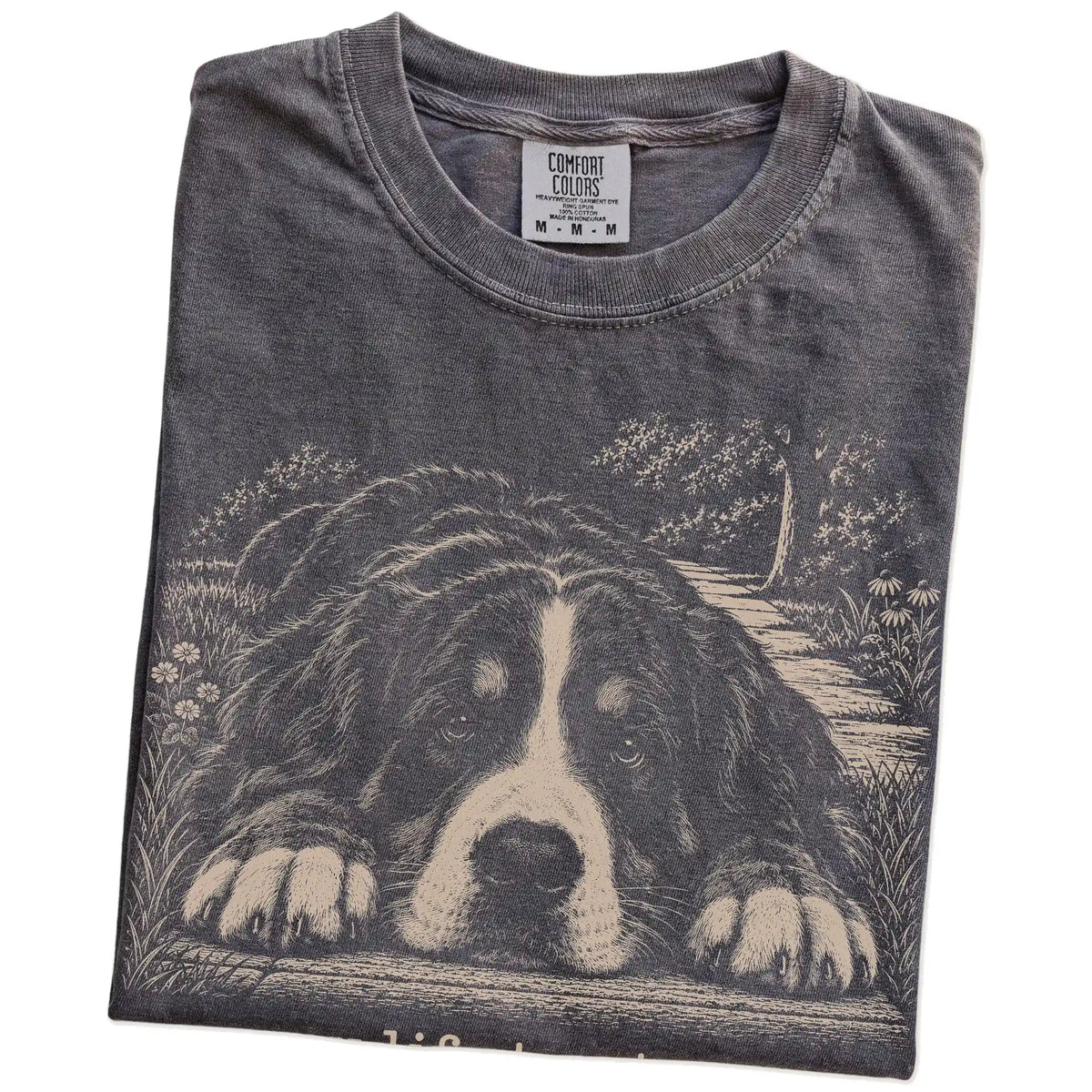 Bernese Mountain Dog Karma Comfort Colors T-shirt in Pepper — Folded Detail