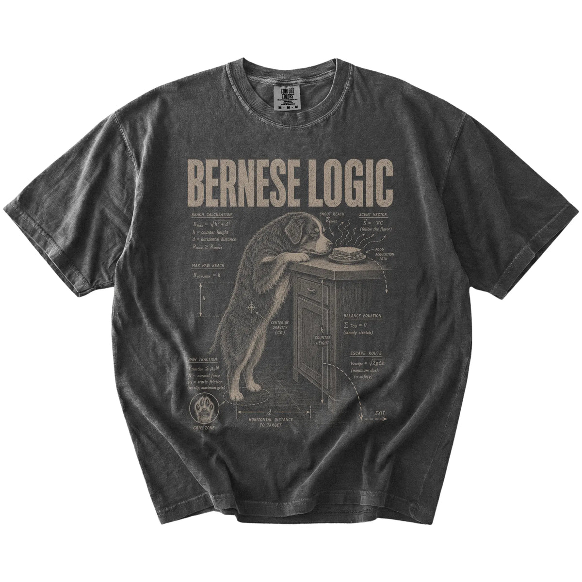 Pepper Bernese Mountain Dog Logic t-shirt laid flat