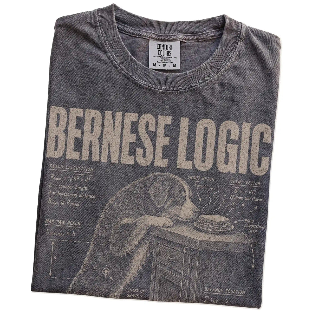 Folded Pepper Bernese Mountain Dog Logic t-shirt showing the graphic