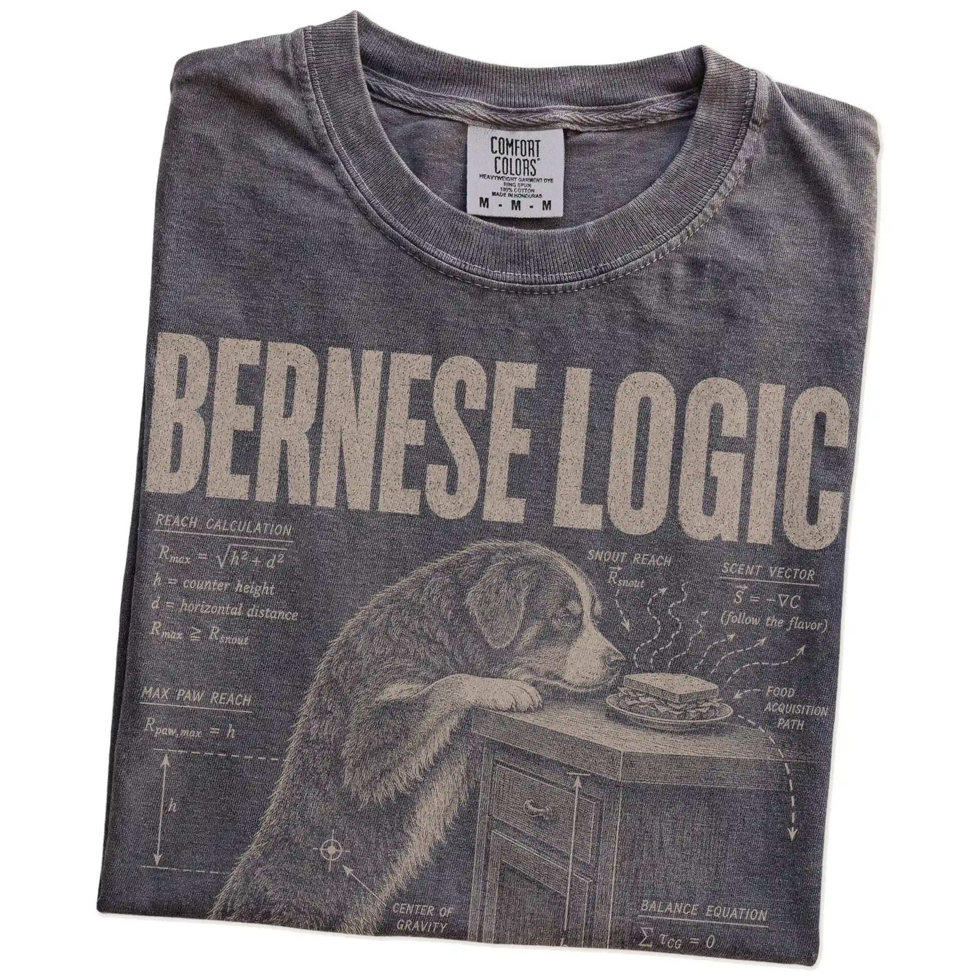 Folded Pepper Bernese Mountain Dog Logic t-shirt showing the graphic