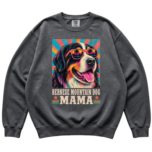 Retro Bernese Mountain Dog Mama design on a Pepper Comfort Colors sweatshirt