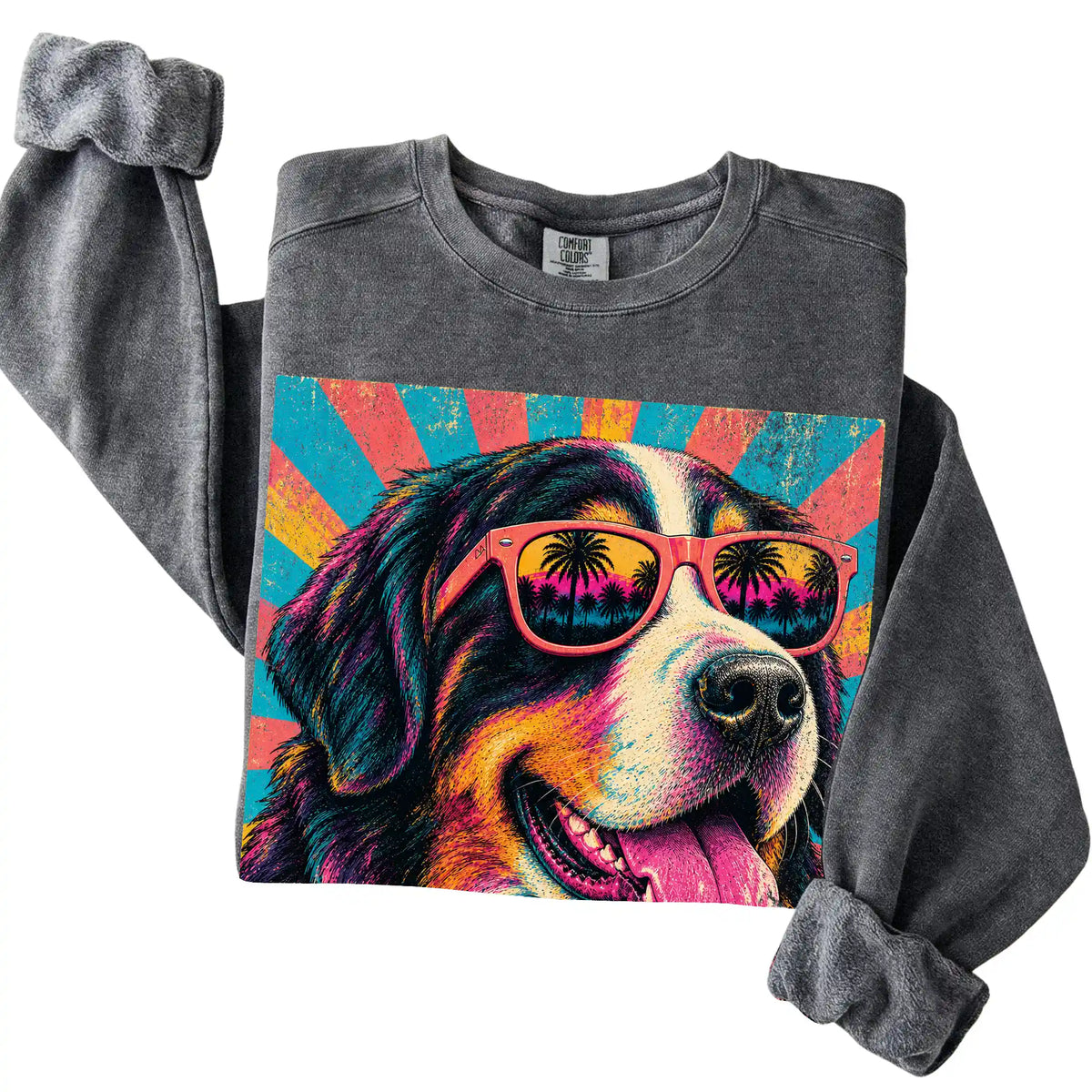 Folded Pepper Comfort Colors sweatshirt with a Retro Bernese Mountain Dog Mama design