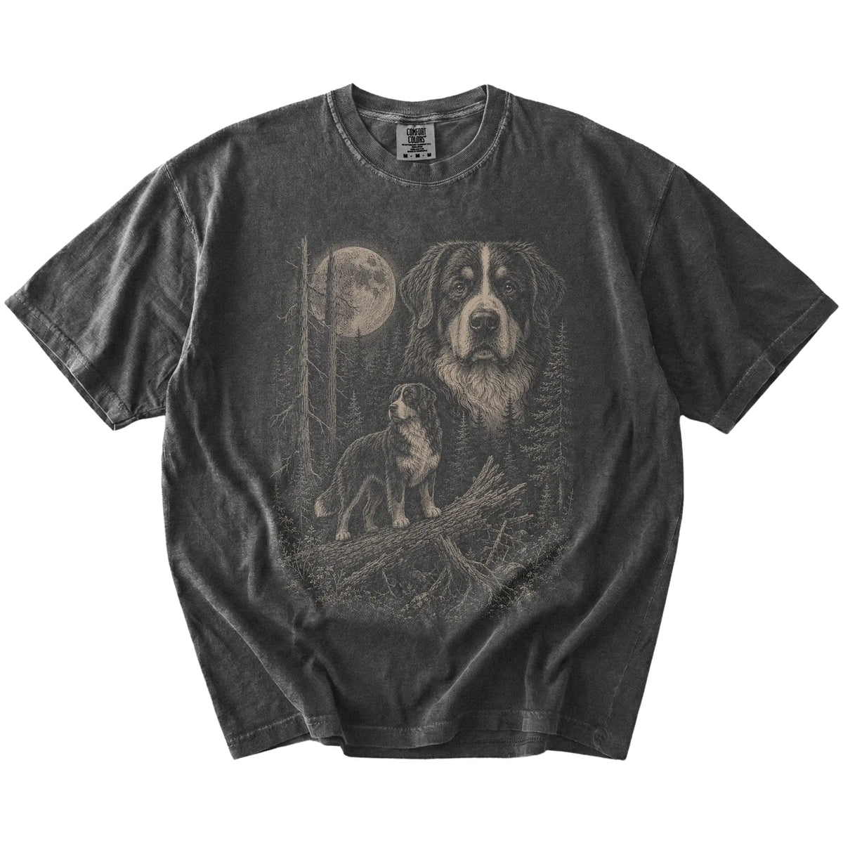 Pepper Bernese Mountain Dog Moonlit Forest T-Shirt laid flat