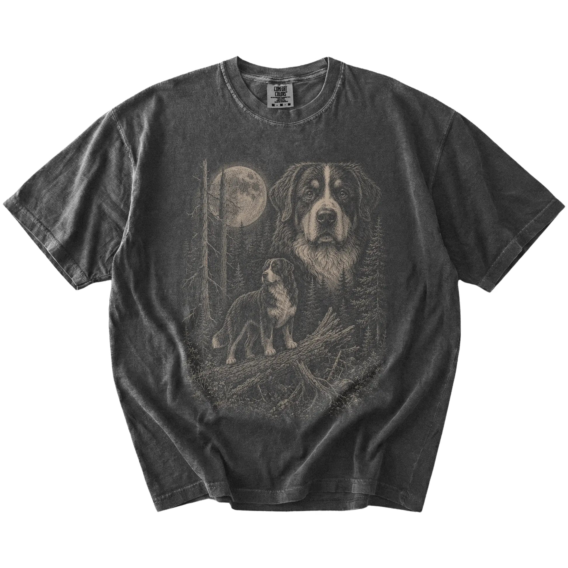 Pepper Bernese Mountain Dog Moonlit Forest T-Shirt laid flat